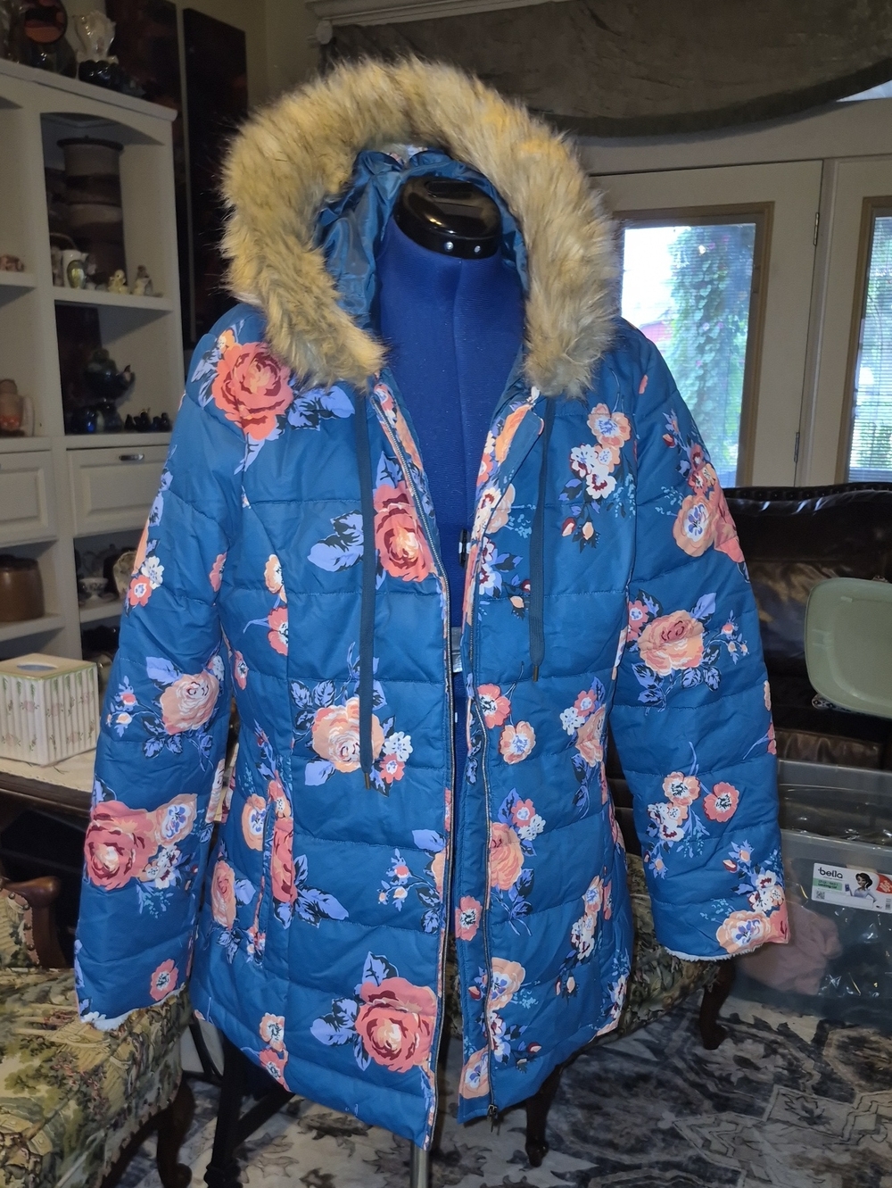Matilda Jane"Break The Ice" Floral Puffer Winter hooded FurTrim Full Zip Coat .